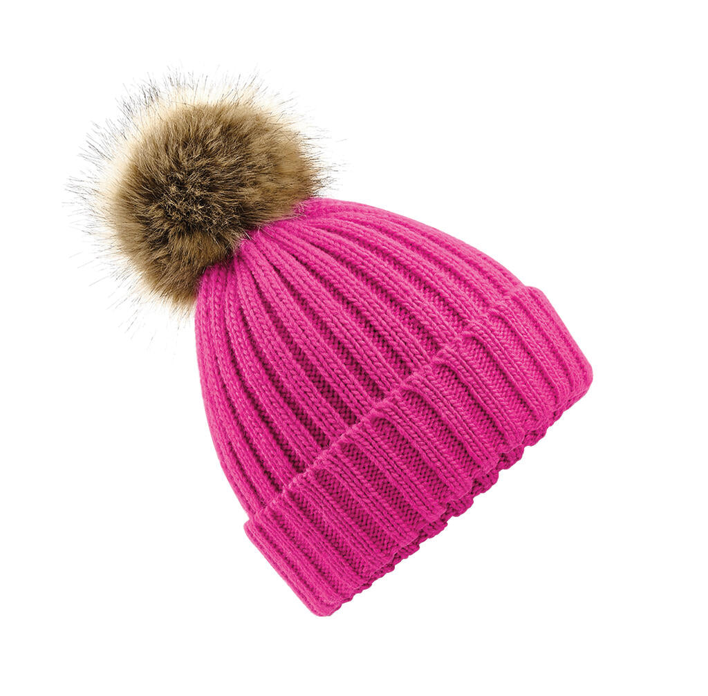 Fur Pop Pom Chunky Beanie in Farbe Fuchsia