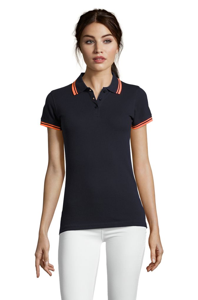 Pasadena Women Damen Poloshirt Kurzarm in Farbe French navy / Neon orange