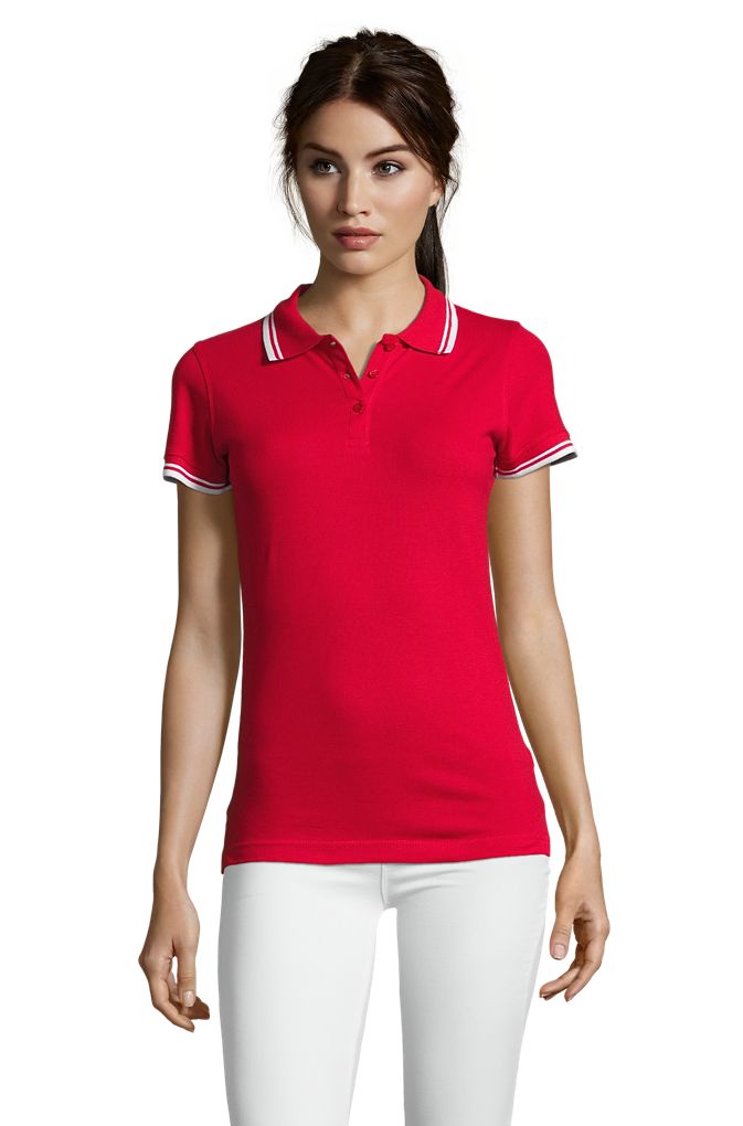 Pasadena Women Damen Poloshirt Kurzarm in Farbe Red / White