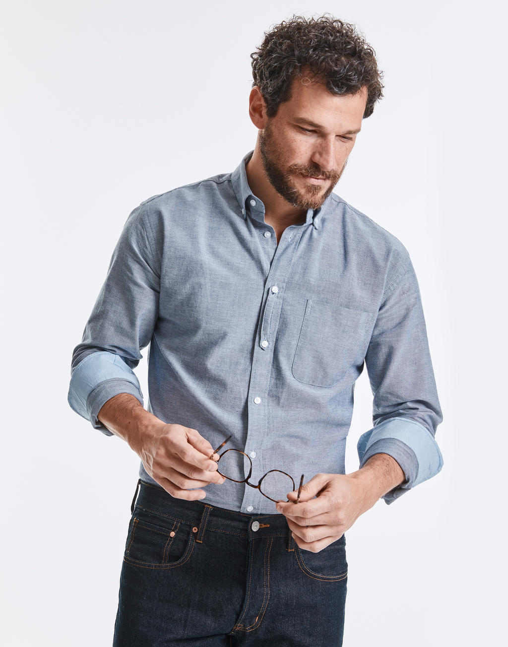  Men's LS Tailored Washed Oxford Shirt in Farbe White/Oxford Blue