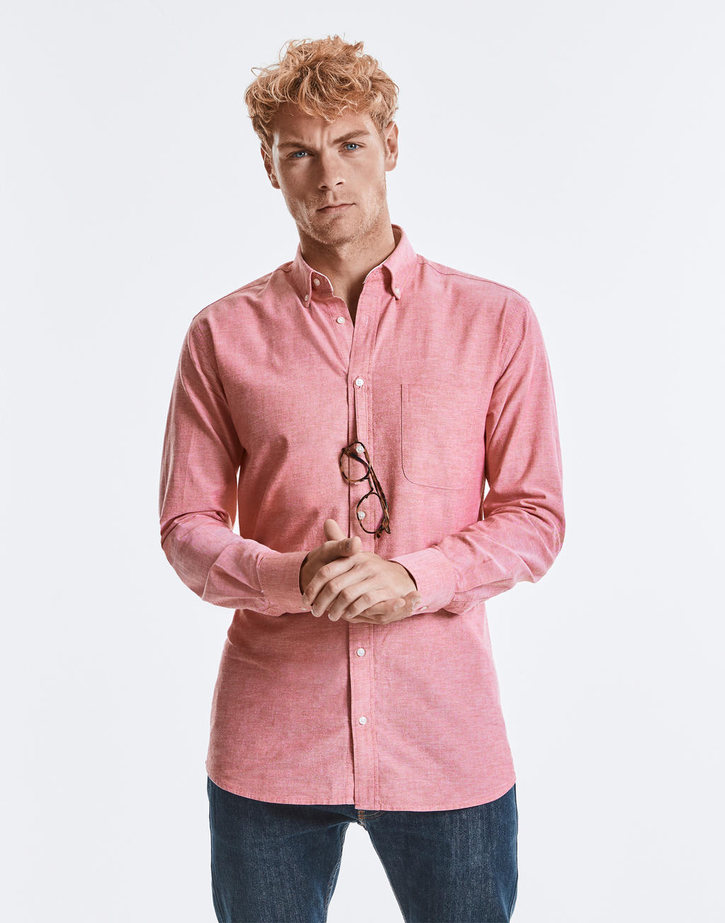  Men's LS Tailored Washed Oxford Shirt in Farbe White/Oxford Blue