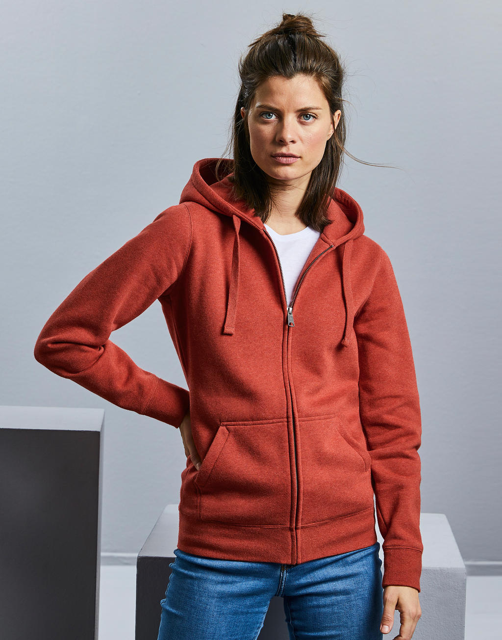  Ladies' Authentic Melange Zipped Hood Sweat in Farbe Carbon Melange
