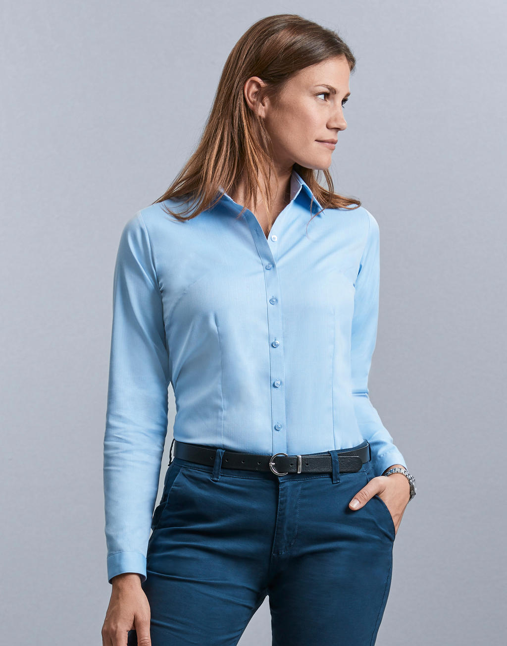  Ladies' LS Herringbone Shirt in Farbe White