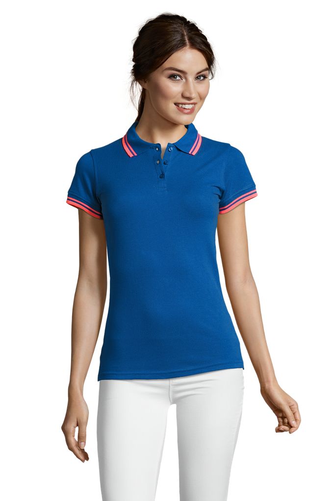 Pasadena Women Damen Poloshirt Kurzarm in Farbe Royal blue / Neon coral