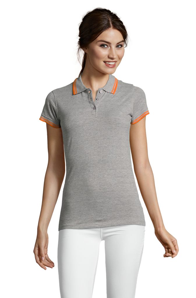 Pasadena Women Damen Poloshirt Kurzarm in Farbe Melange grey / Orange
