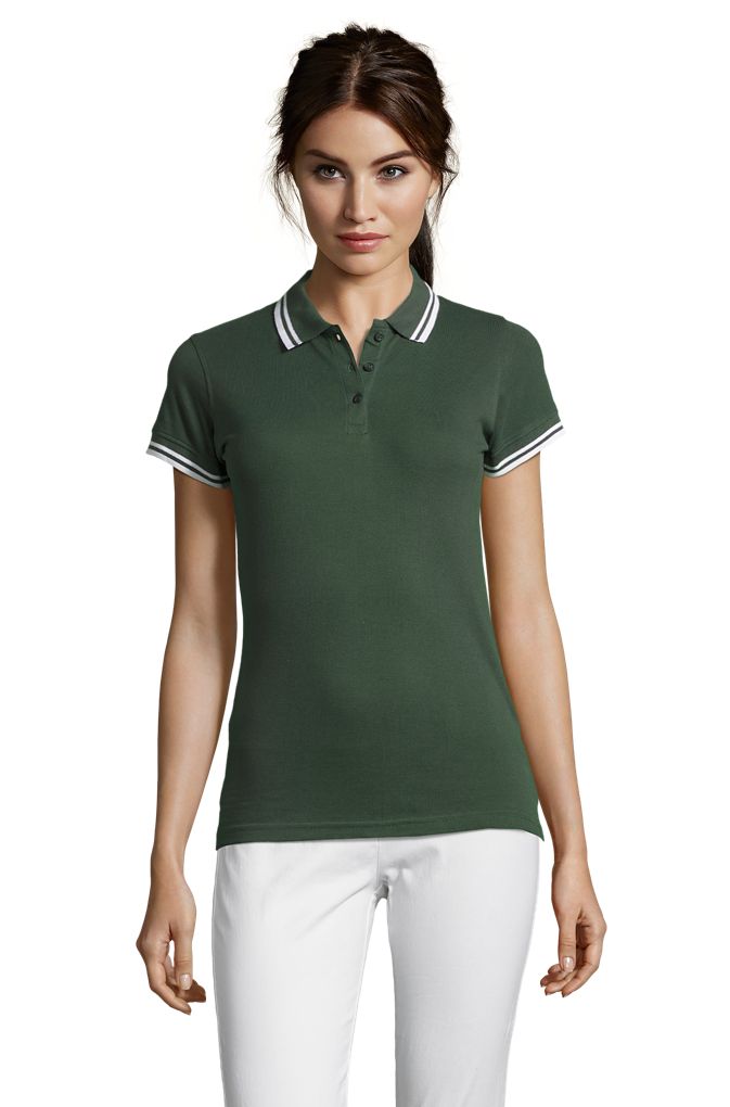 Pasadena Women Damen Poloshirt Kurzarm in Farbe Forest green / White